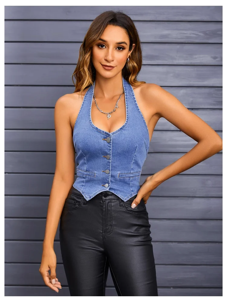 MAKEMECHIC Denim Button Down Cropped Halter Top, view 3