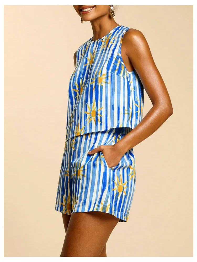 MAKEMECHIC Tropical Striped Sleeveless Shorts Set, view 2