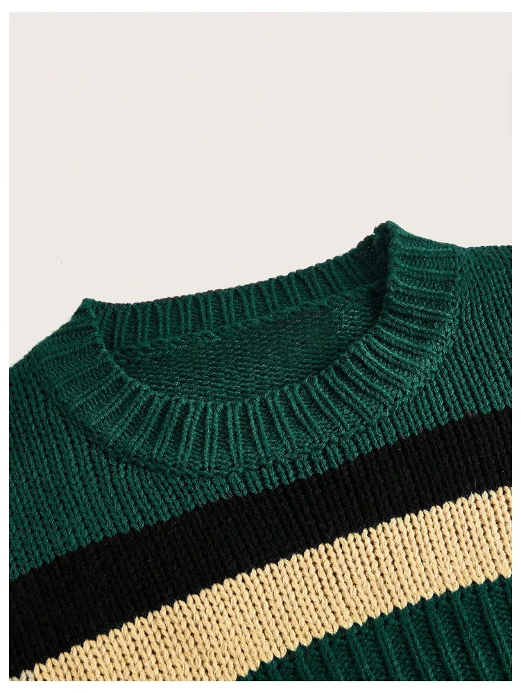 MAKEMECHIC Striped Crop Crew Neck Sweater, view 3