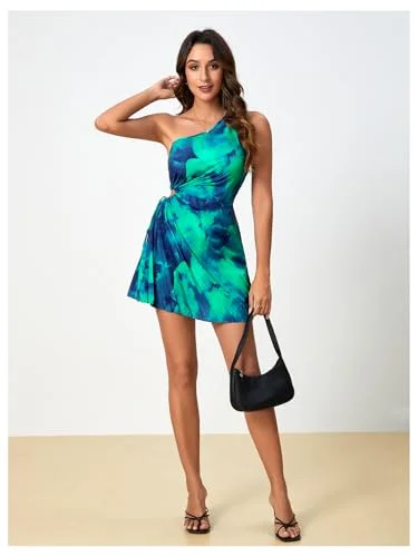 MAKEMECHIC Tie Dye One Shoulder Pleated Mini Dress, view 3