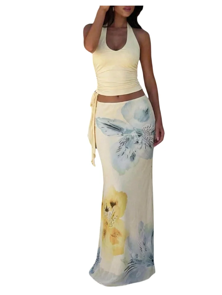 MAKEMECHIC Crop Floral Long Skirt Set