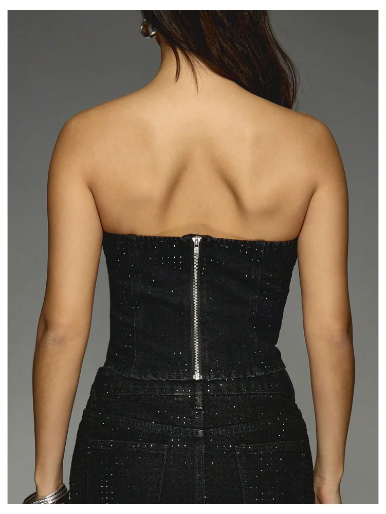 MAKEMECHIC Denim Strapless Rhinestone Corset Top, view 3