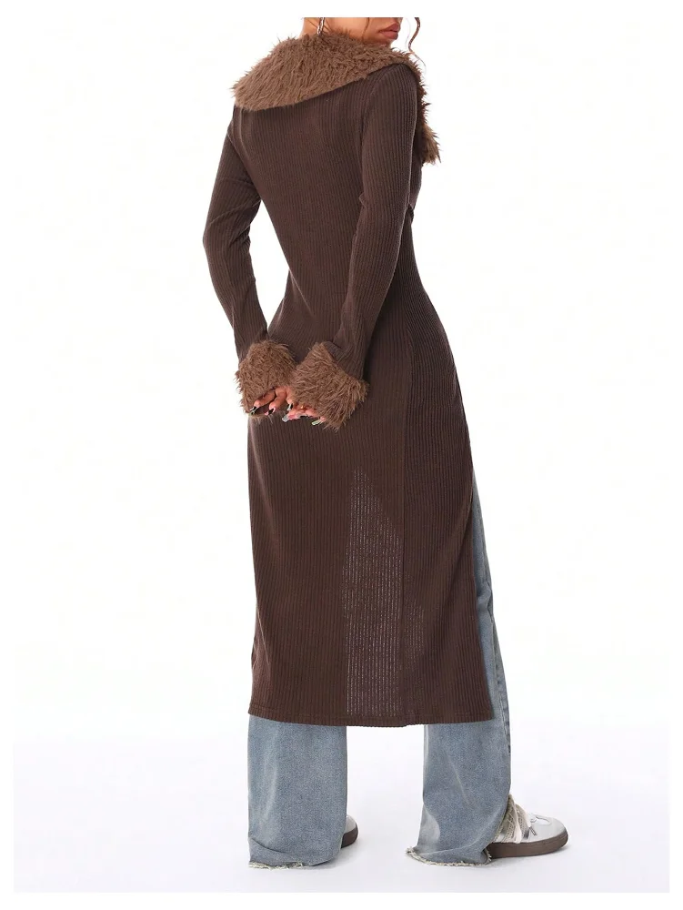 MAKEMECHIC Fur Long Sleeve Tie Front Cardigan, view 2