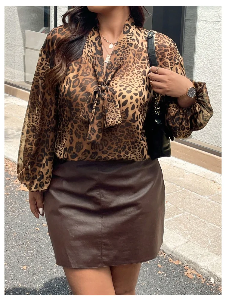 MAKEMECHIC Leopard Print Tie Front V-Neck Blouse, view 3