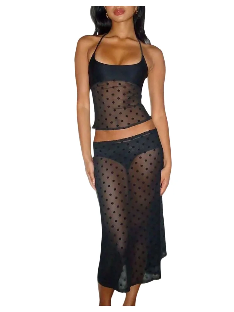 MAKEMECHIC Polka Dot Sheer Midi Two-Piece Set