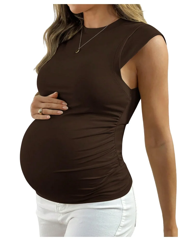 MAKEMECHIC Crew Neck Ruched Sleeveless Maternity Shirt