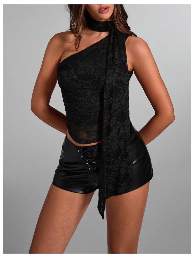 MAKEMECHIC Floral Lace One Shoulder Tank Top, view 2
