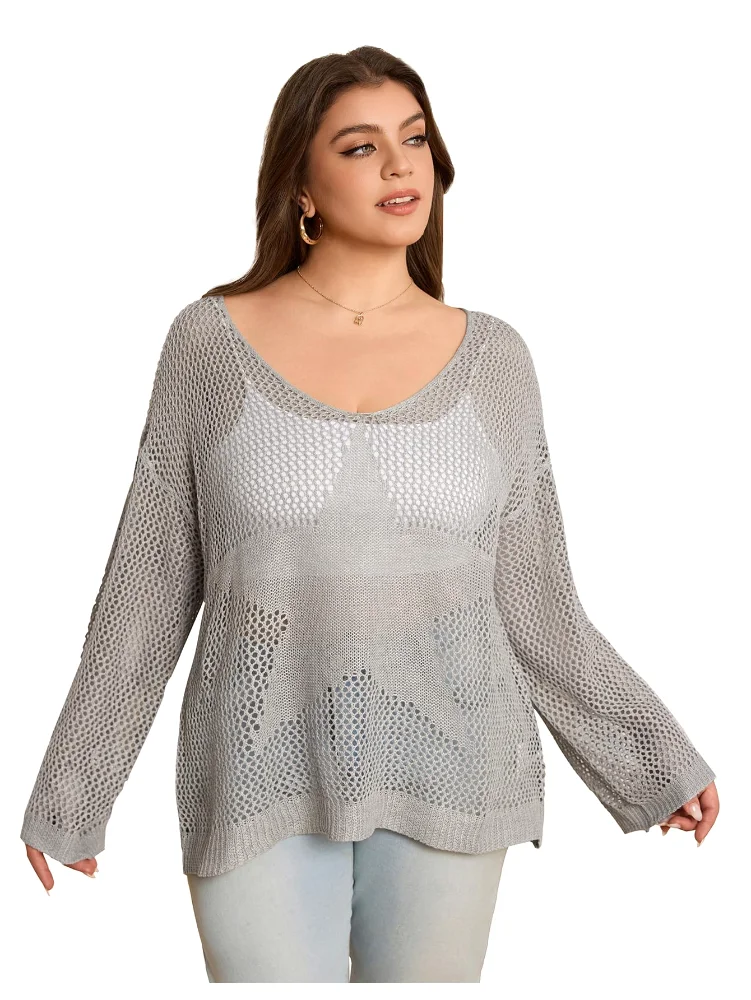 MAKEMECHIC Crochet V-Neck Long Sleeve Beach Cover-Up