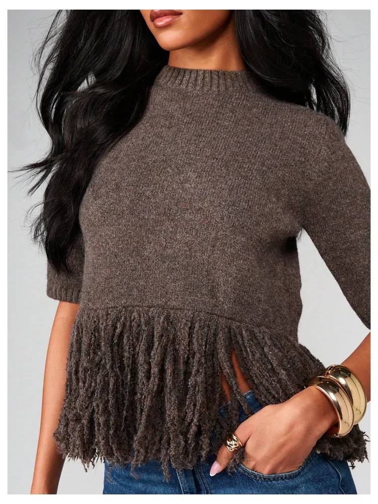 MAKEMECHIC Fringe Short Sleeve Lightweight Sweater, view 2