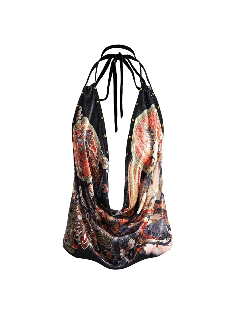 MAKEMECHIC Draped Graphic Open Back Halter Top