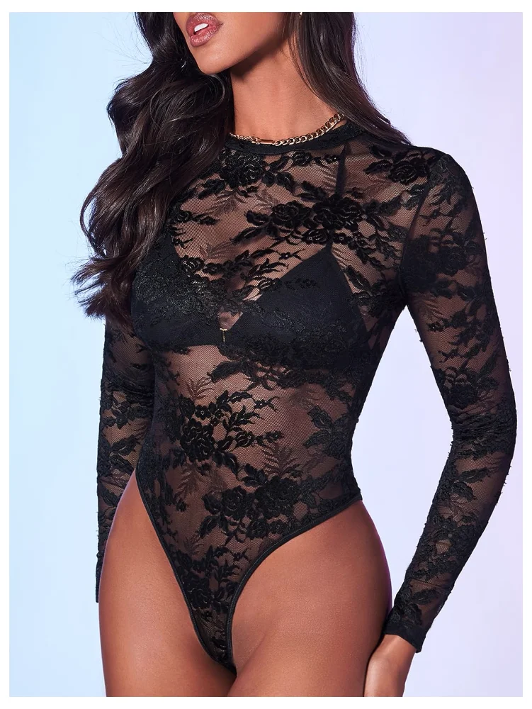 MAKEMECHIC Floral Lace Sheer Bodysuit, view 2