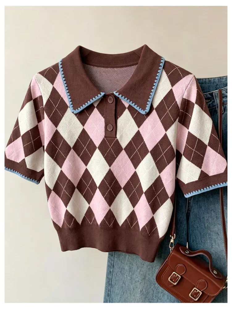 MAKEMECHIC Argyle Plaid Short Sleeve Sweater, view 2