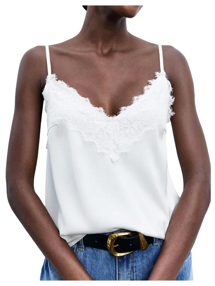 MAKEMECHIC Satin Lace V-Neck Tank Top