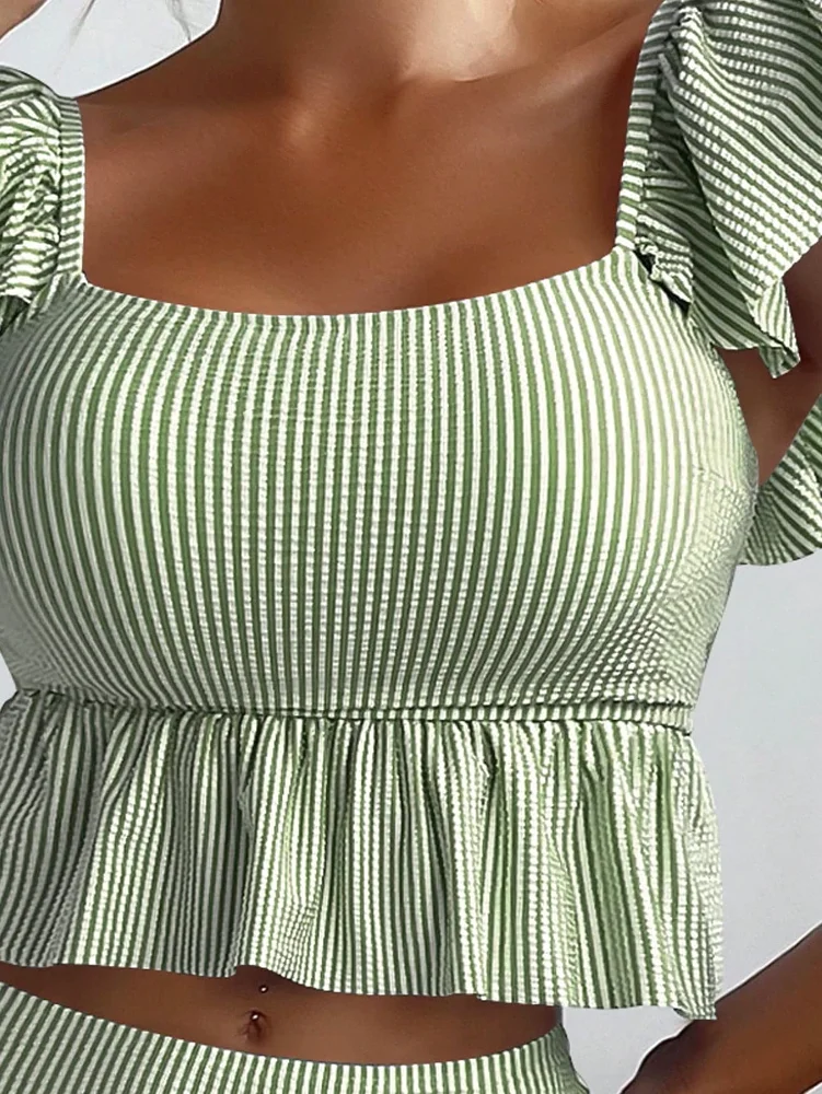 MAKEMECHIC Striped Ruffle Trim Bikini Set, view 3
