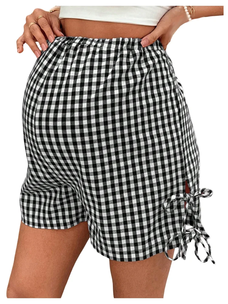 MAKEMECHIC Plaid Elastic High Waist Maternity Shorts
