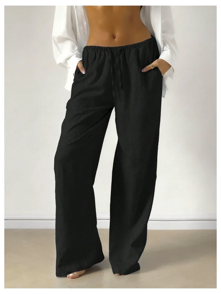 MAKEMECHIC Low Rise Linen Palazzo Pants, view 2