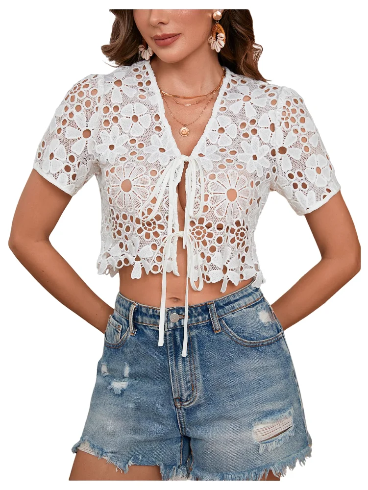 MAKEMECHIC Floral Embroidery Tie Front Crop Top