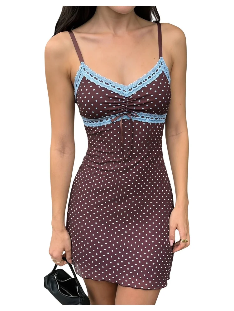 MAKEMECHIC Polka Dot Lace Ruched Mini Dress
