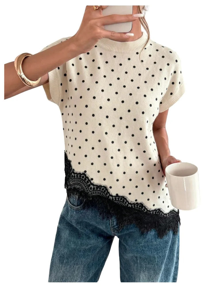 MAKEMECHIC Polka Dot Lace Trim Sweater Vest