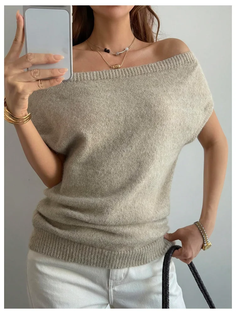 MAKEMECHIC Off The Shoulder Short Sleeve Old Sweater, view 3