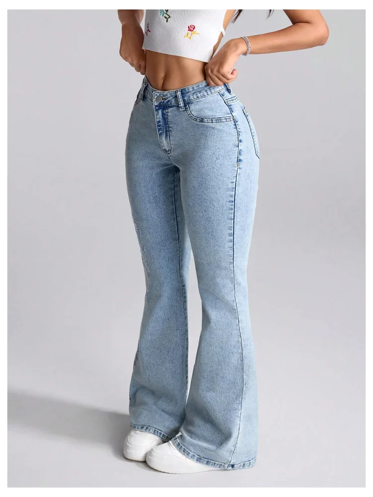 MAKEMECHIC Floral Embroidery Flared Jeans, view 2