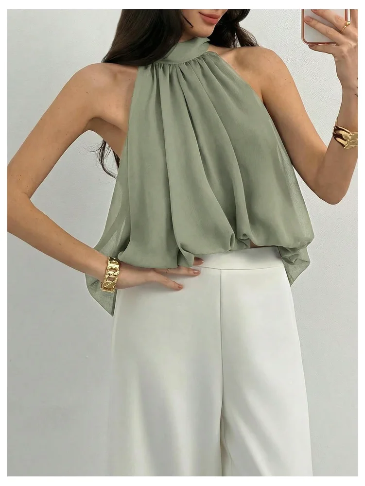 MAKEMECHIC Flowy Bubble Ruffle Halter Top, view 2