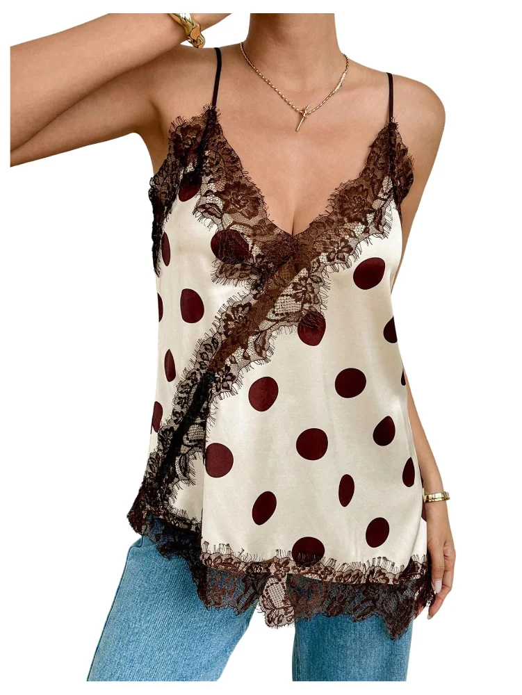 MAKEMECHIC Polka Dot Lace Trim Tank Top