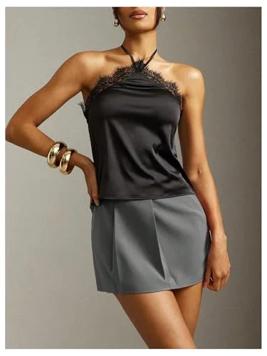 MAKEMECHIC Satin Silk Lace Halter Top, view 2
