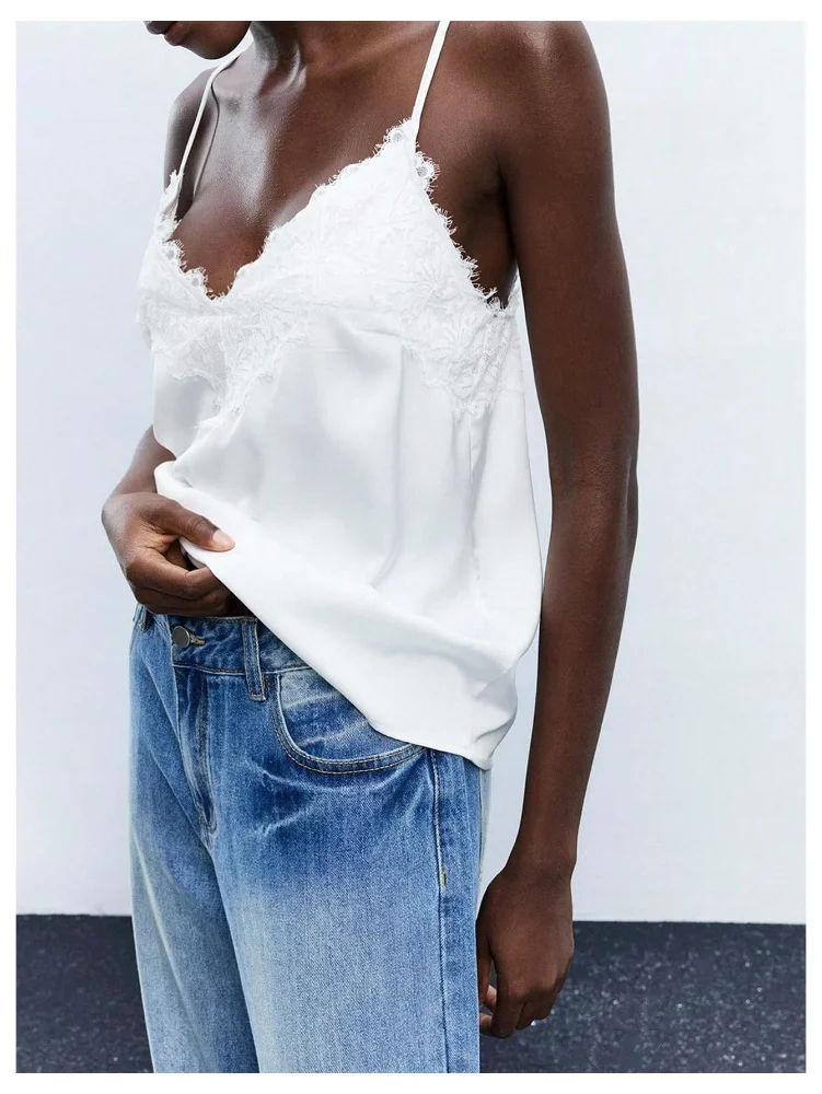 MAKEMECHIC Satin Lace V-Neck Tank Top, view 2