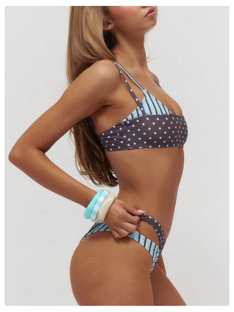 MAKEMECHIC Striped Polka Dot String Bikini Set, view 2