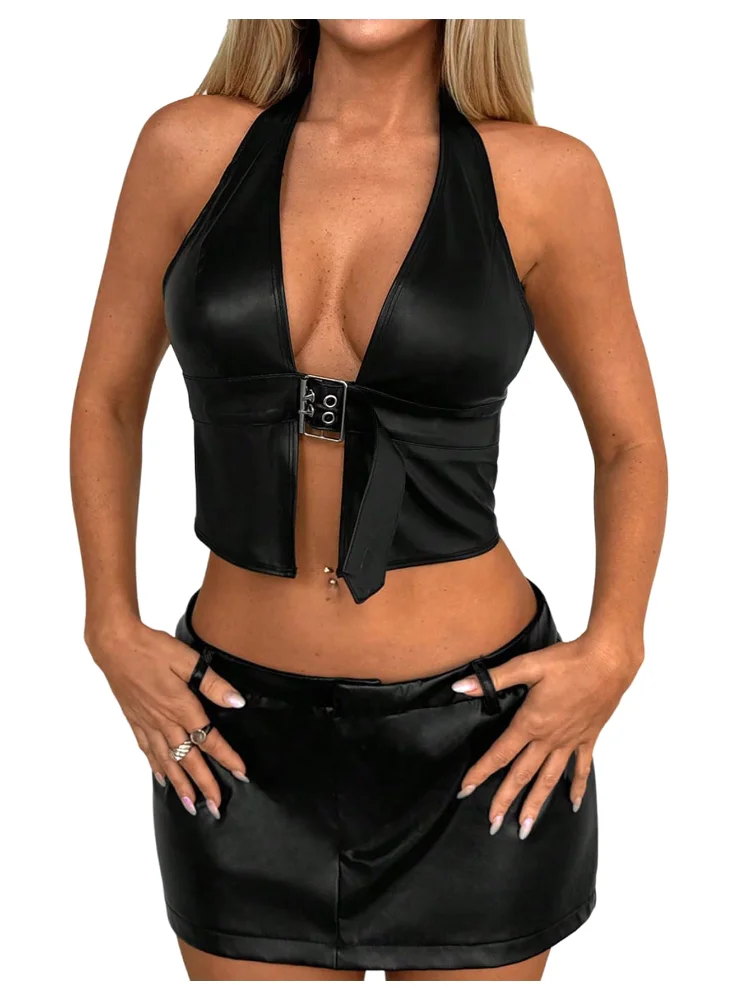 MAKEMECHIC PU Leather Buckle Crop Corset Top