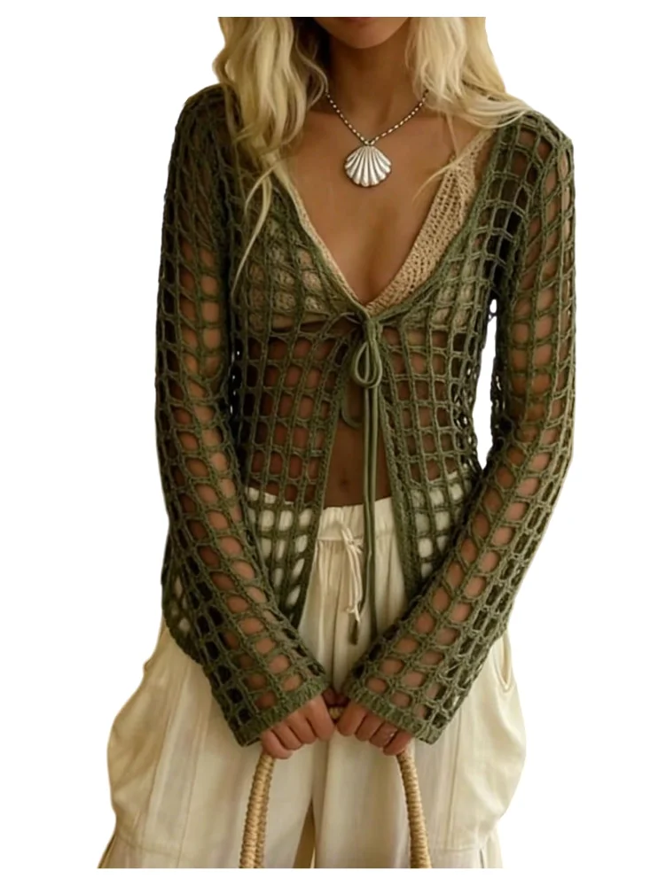 MAKEMECHIC Crochet Long Sleeve Tie Front Beach Cover-Up