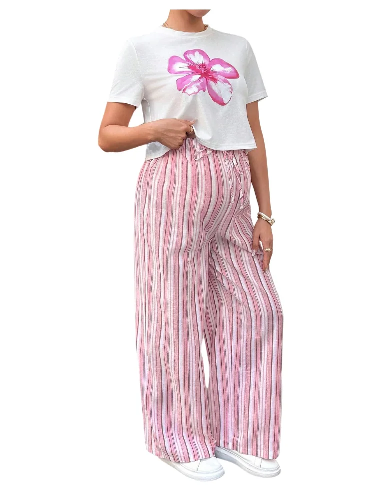 MAKEMECHIC Floral Short Sleeve Striped Maternity Two-Piece Set