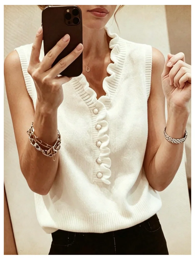 MAKEMECHIC Pearl Button Up Sleeveless Sweater Vest, view 3