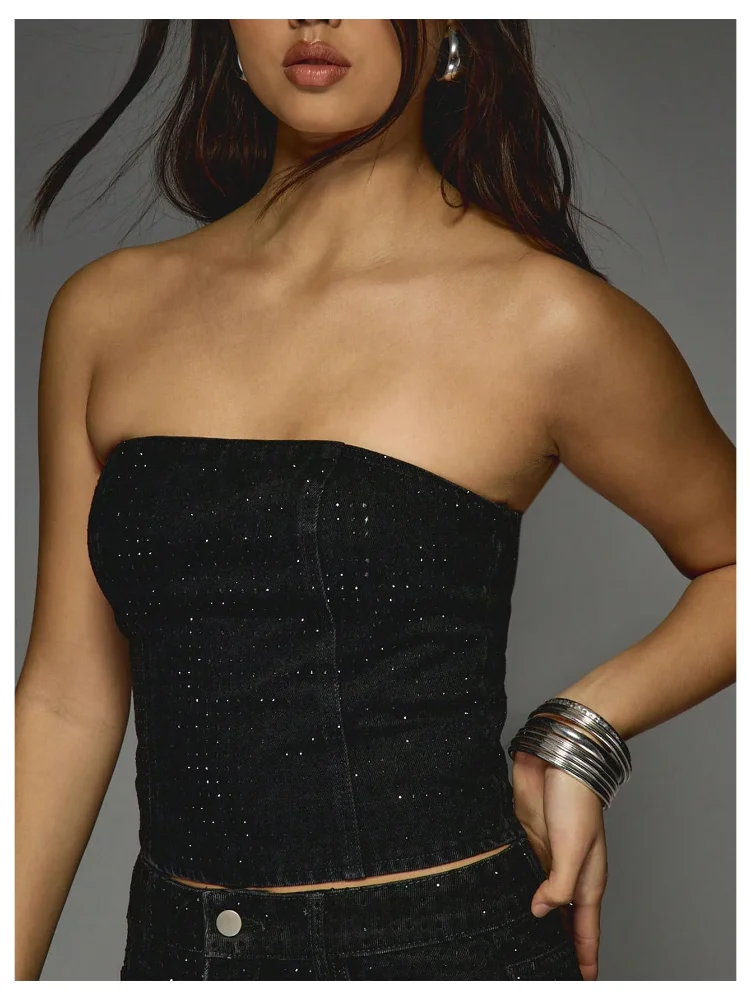 MAKEMECHIC Denim Strapless Rhinestone Corset Top, view 2