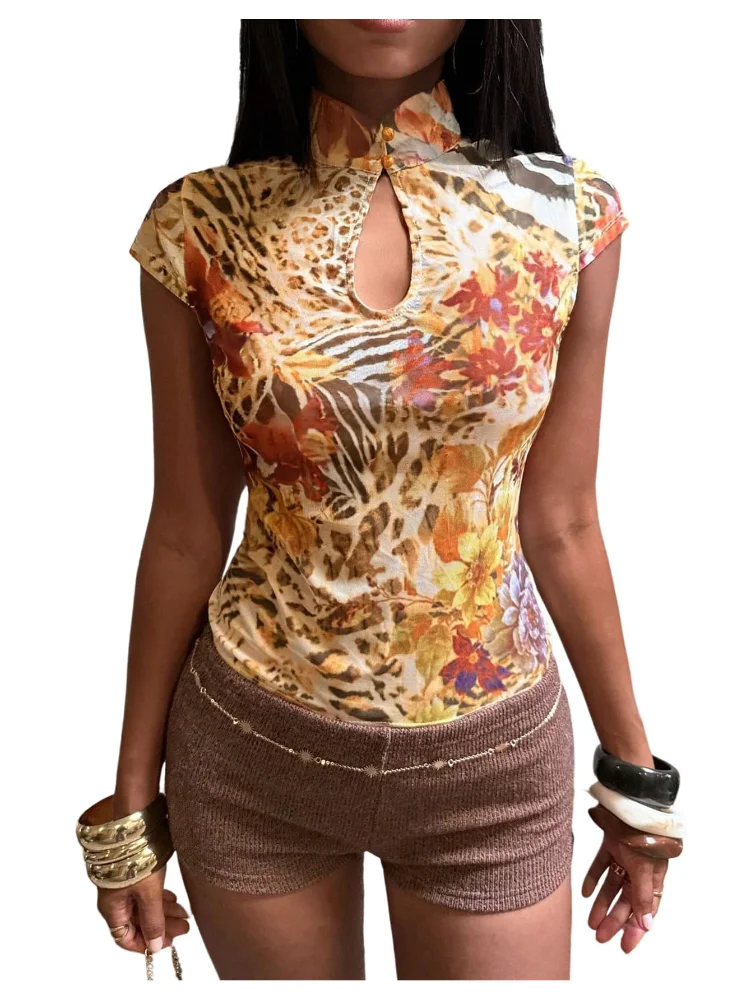 MAKEMECHIC Cheetah Print Cut Out Sheer Top