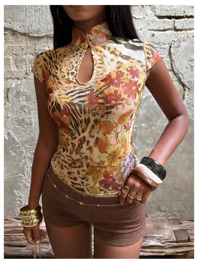 MAKEMECHIC Cheetah Print Cut Out Sheer Top, view 2