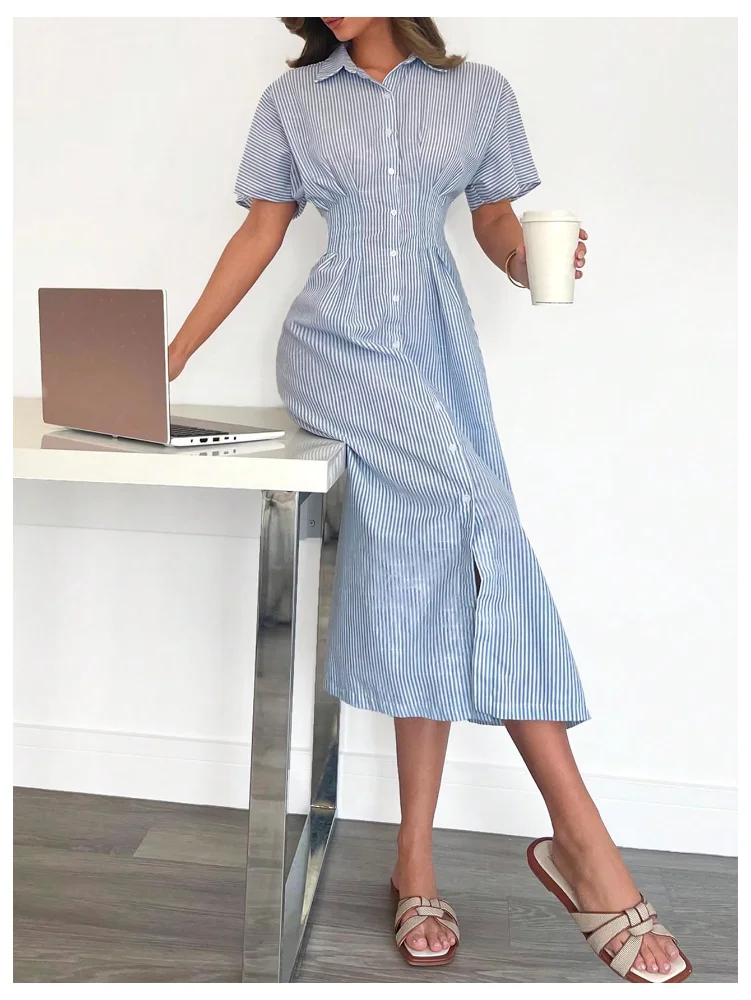 MAKEMECHIC Striped Button Down Short Sleeve Midi Dress, view 2
