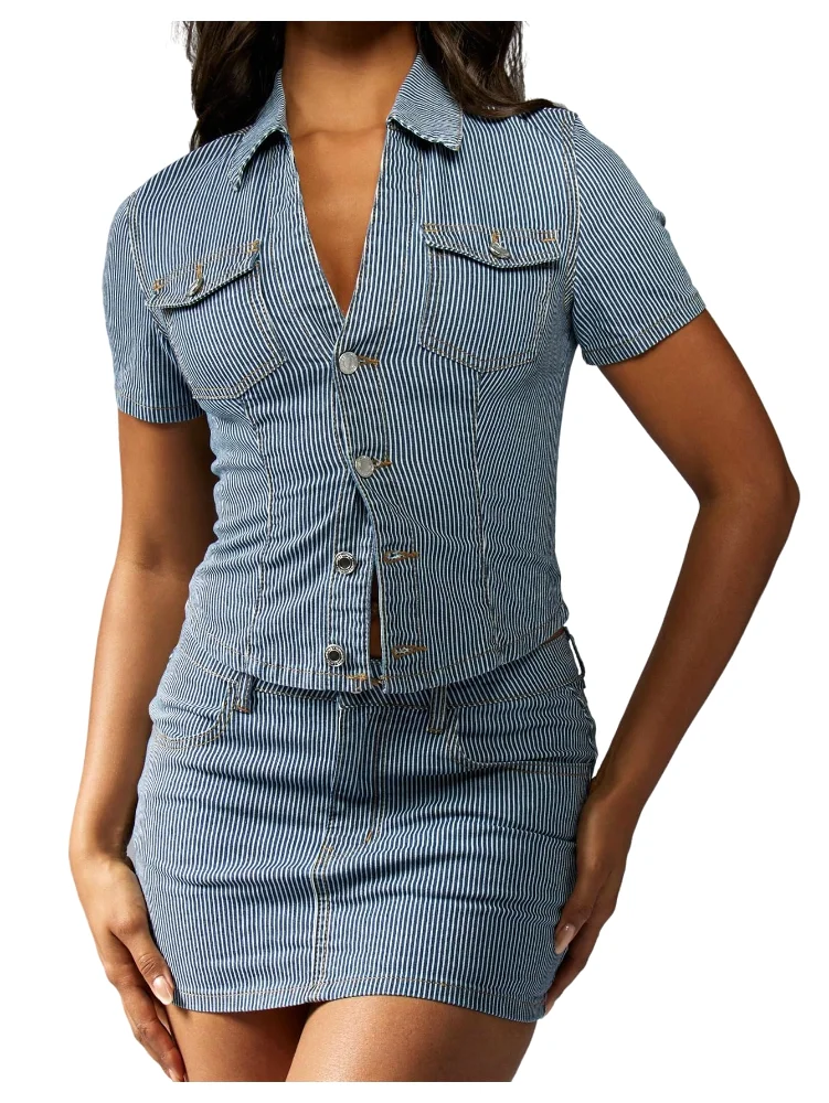 MAKEMECHIC Striped Button Down Denim Shorts
