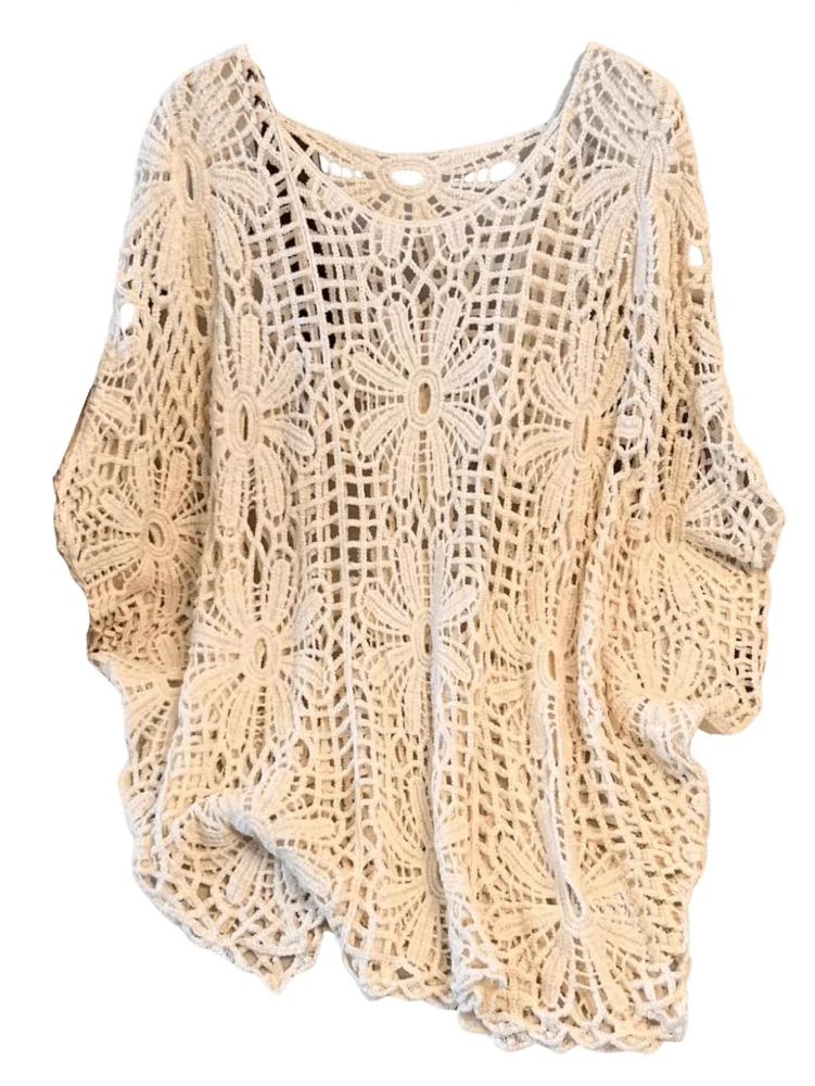 MAKEMECHIC Crochet Beach Cover-Up, 3/4 sleeve