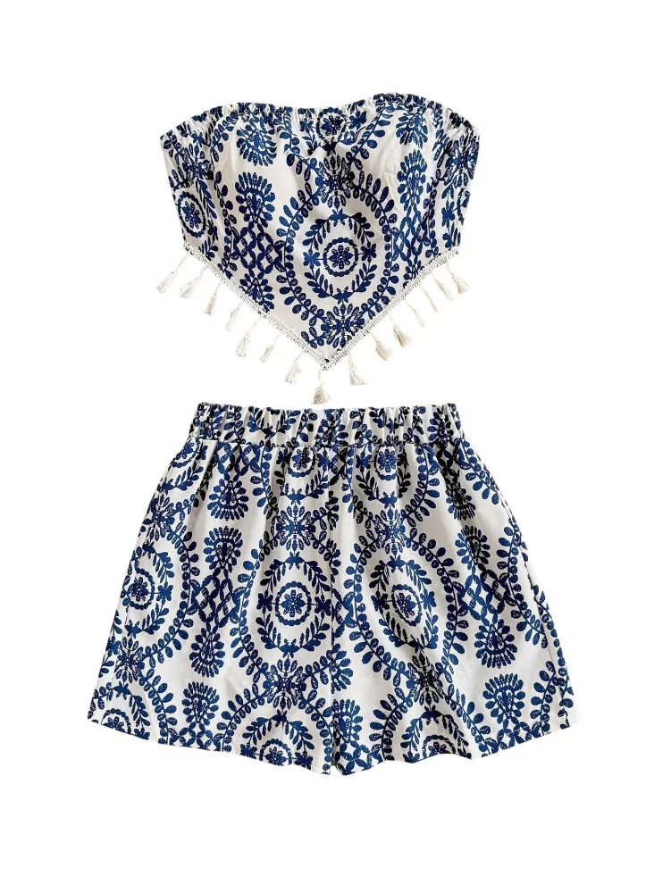 MAKEMECHIC Fringe Strapless Tube Shorts Set