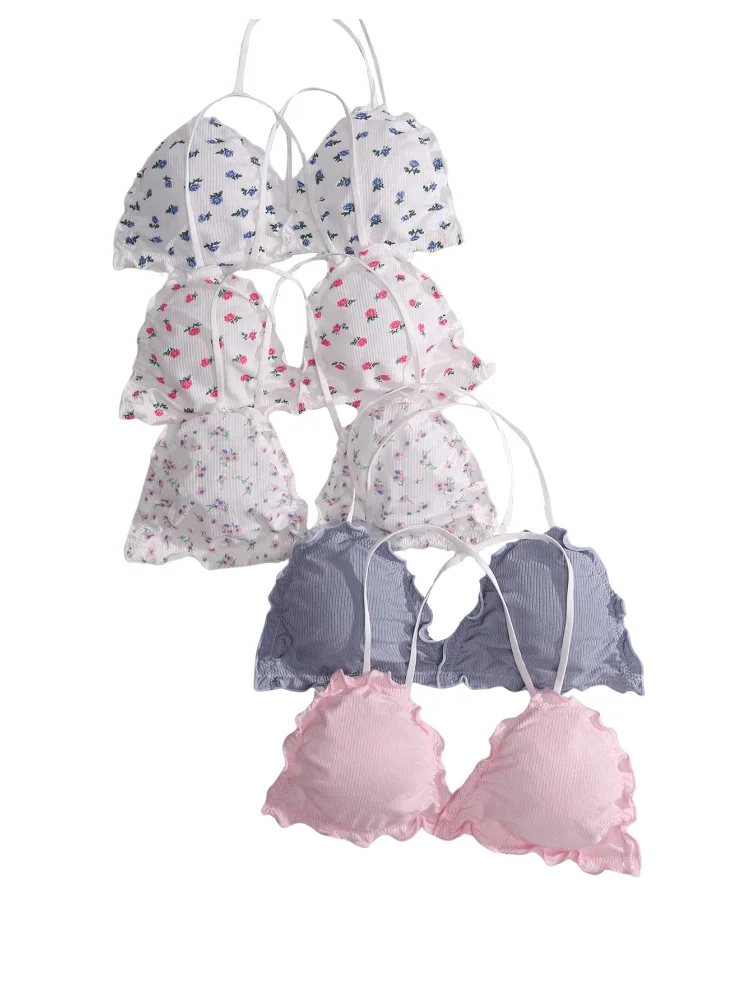 MAKEMECHIC Floral Print Lettuce Trim Bra