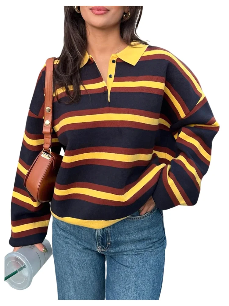 MAKEMECHIC Striped Button Long Sleeve Sweater
