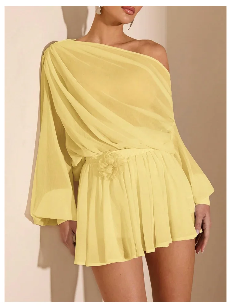 MAKEMECHIC Asymmetrical Neck Lantern Shorts Set, view 2