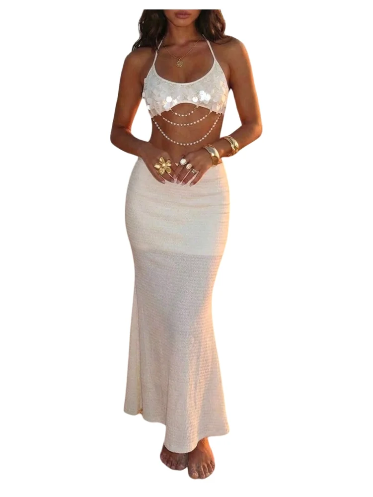 MAKEMECHIC Sequin Crop Fishtail Skirt Set
