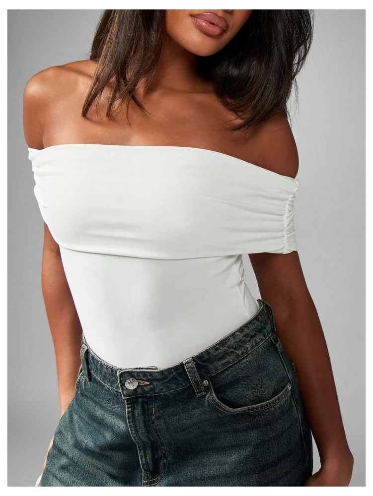 MAKEMECHIC Off The Shoulder Ruched Short Sleeve Shorts, view 2