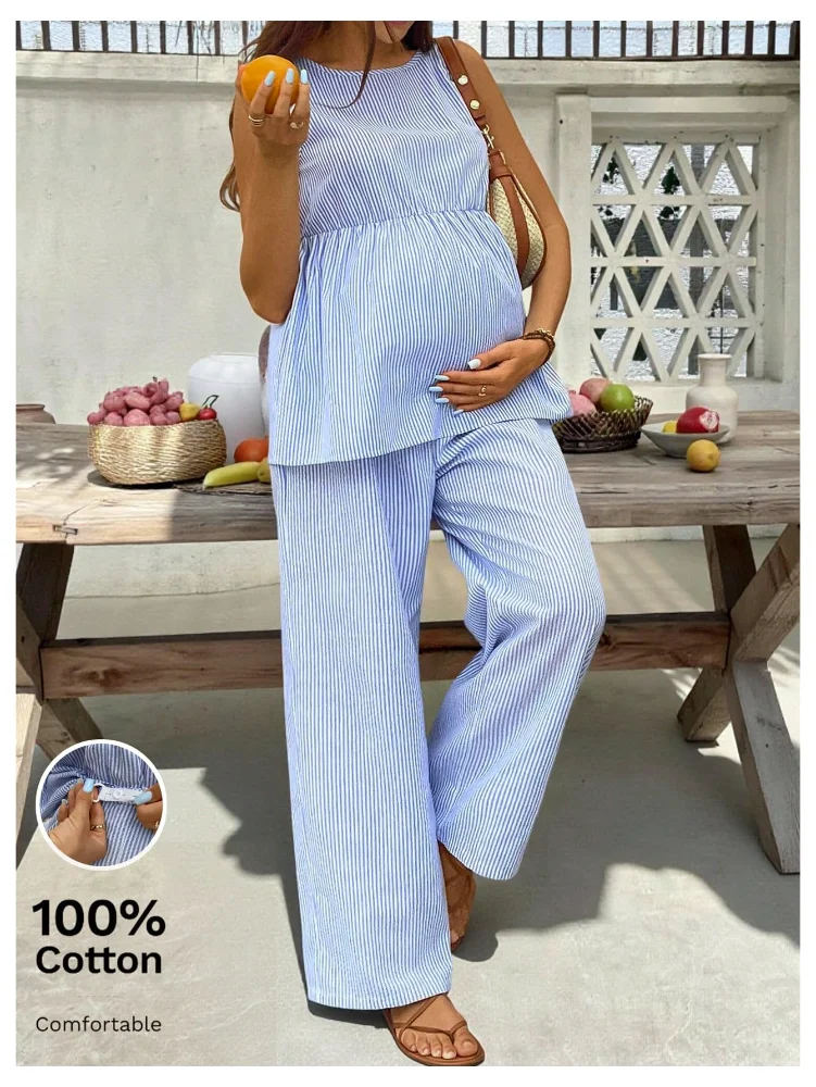 MAKEMECHIC Striped Maternity Two-Piece Set, sleeveless, view 2