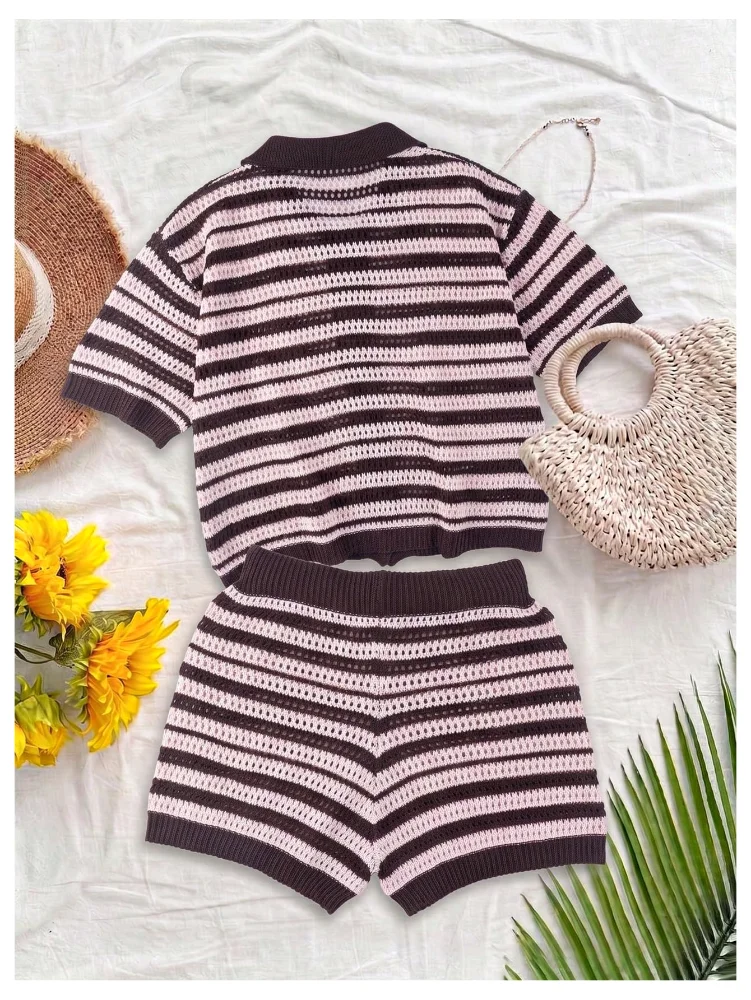 MAKEMECHIC Crochet Striped Knit Shorts Set, view 3