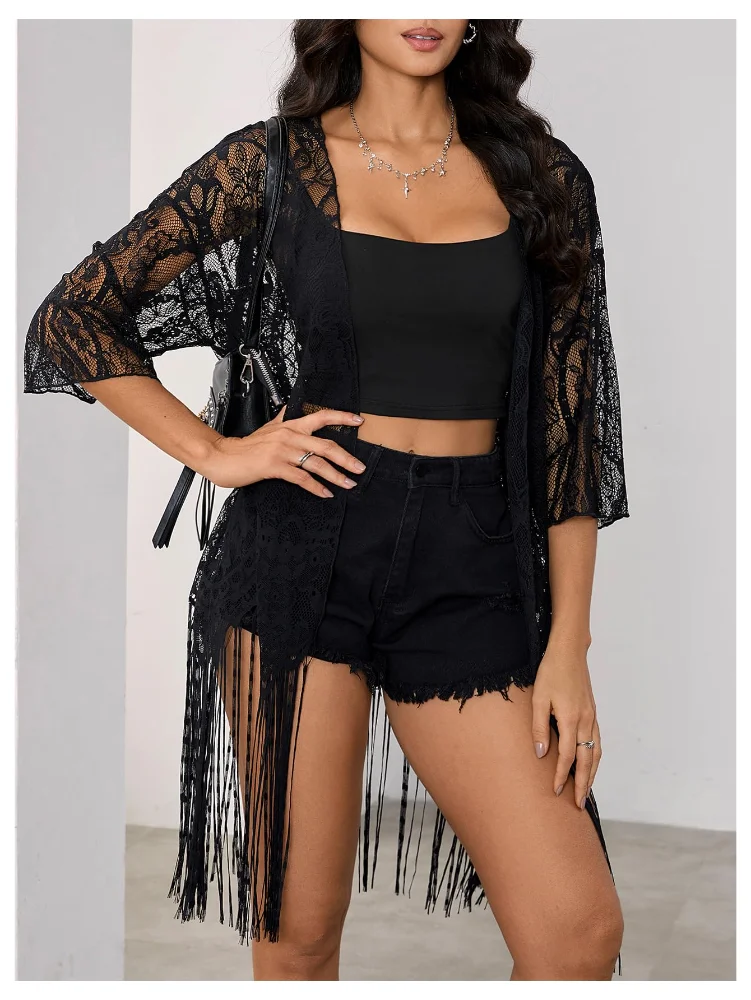 MAKEMECHIC Fringe Lace Long Cardigan, view 3