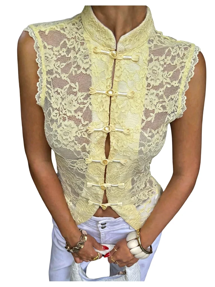 MAKEMECHIC Lace Frog Button Tank Top